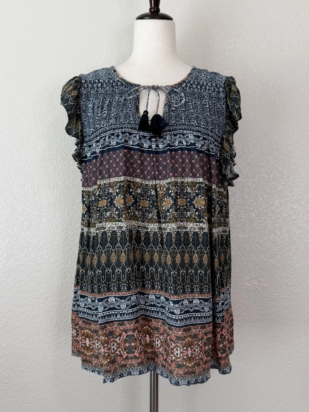 Lucky Brand Bohemian Mixed Print Tasseled Neck Ruffled Sleeves Top, Sz Large